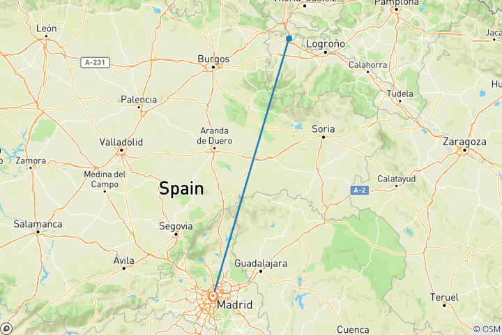 Carte du circuit Madrid - San Vino Wine Fight Bus aller-retour