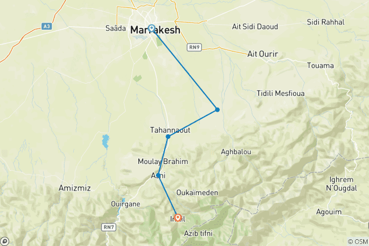 Carte du circuit Circuit des montagnes de l'Atlas et des 5 vallées au départ de Marrakech - Tout compris