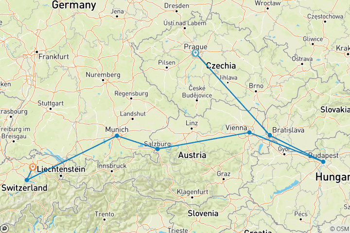 Mapa de Gran Vuelta a Europa: Europa Central y los Alpes
