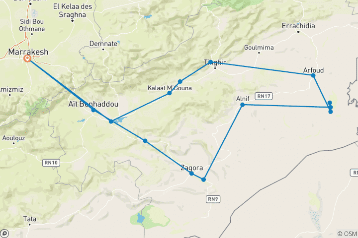 Carte du circuit Circuit privé de 5 jours dans le désert de Zagora et Merzouga au départ de Marrakech