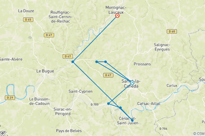 Kaart van Wandelen in het hart van de Dordogne: Perigord Noir, kastelen, wereldberoemde grotschilderingen (7 dagen)