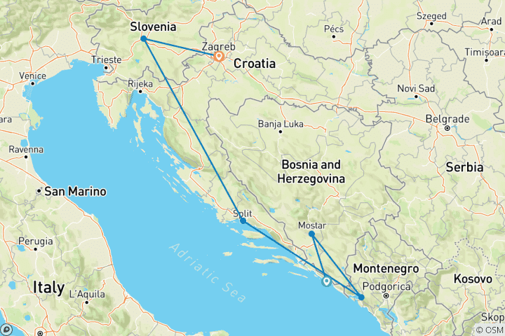 Carte du circuit Best of Dalmatia & (Bled - Plitvica) Circuit partiel en petit groupe Croatie, Bosnie, Monténégro, Slovénie
