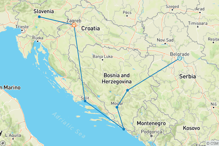 Carte du circuit Belgrade - Zagreb via Dubrovnik (Bled&Plitvica) - Circuit en petit groupe
