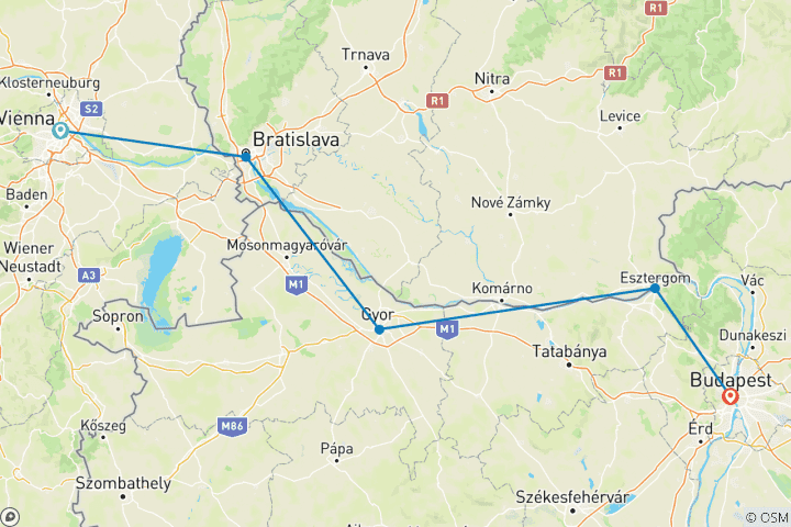 Karte von Donauradweg - Sportlertour Wien - Bratislava - Budapest (6 Tage)