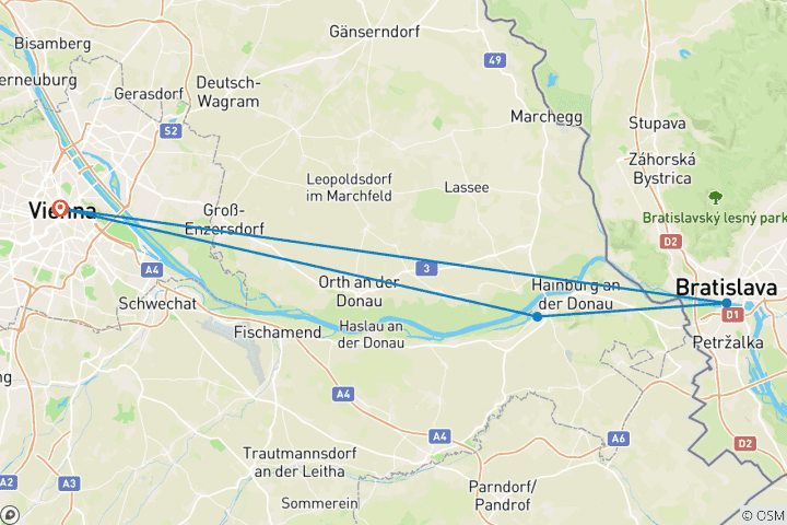 Kaart van Donauradweg | Wenen-Bratislava in 3 dagen (3 dagen)