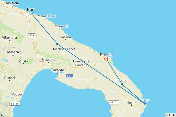 Map of 7-Day Puglia Essence: Alberobello, Otranto and Lecce, Private Tour