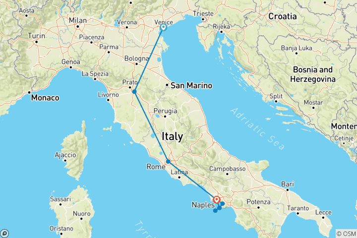 Map of Italy Highlights by Train: Venice, Florence, Rome & Sorrento Semi-Private Tour