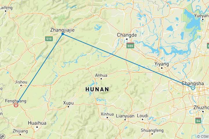 Carte du circuit 7 jours de découverte des rivières et des montagnes du Hunan (guide privé, sans groupe) Circuit familial personnalisable