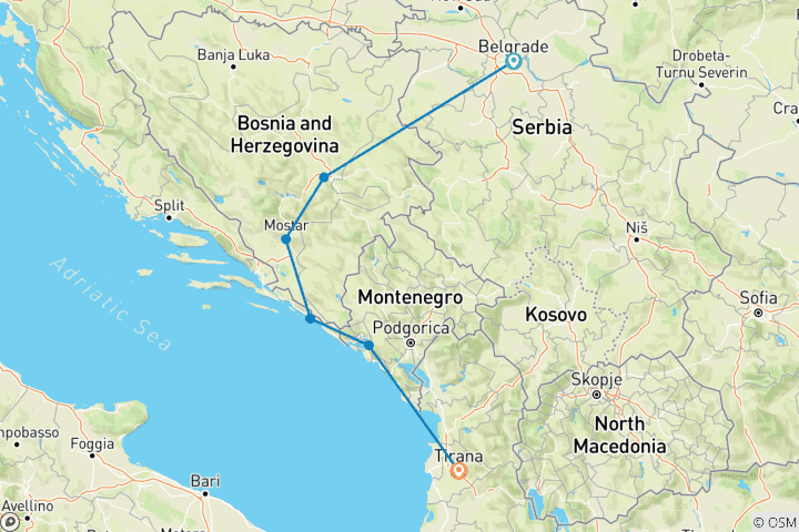 Kaart van Van Belgrado naar Tirana via Dubrovnik - Kleine Groepsreis