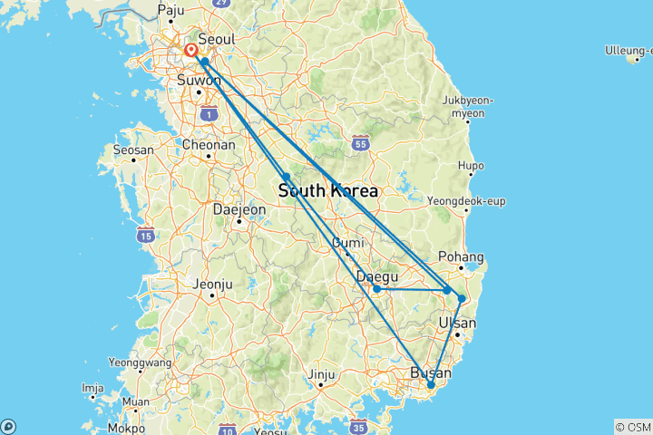 Carte du circuit Circuit de 8 jours en Corée du Sud : Les points forts de Séoul, Gyeongju et Busan