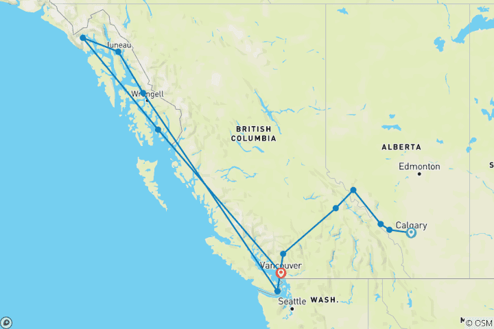 Carte du circuit Croisière Passage Through the Rockies et Alaska Calgary → Vancouver (2027)