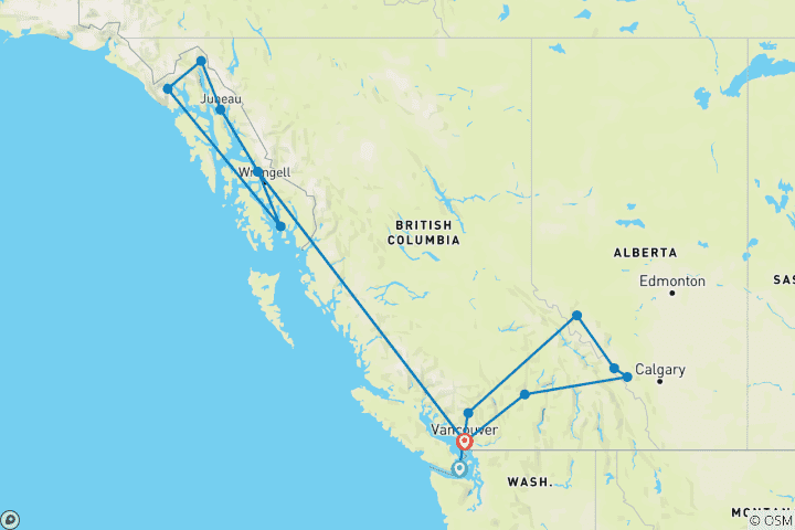 Map of Reflections of the Rockies and Alaska Cruise Victoria → Vancouver (2027)
