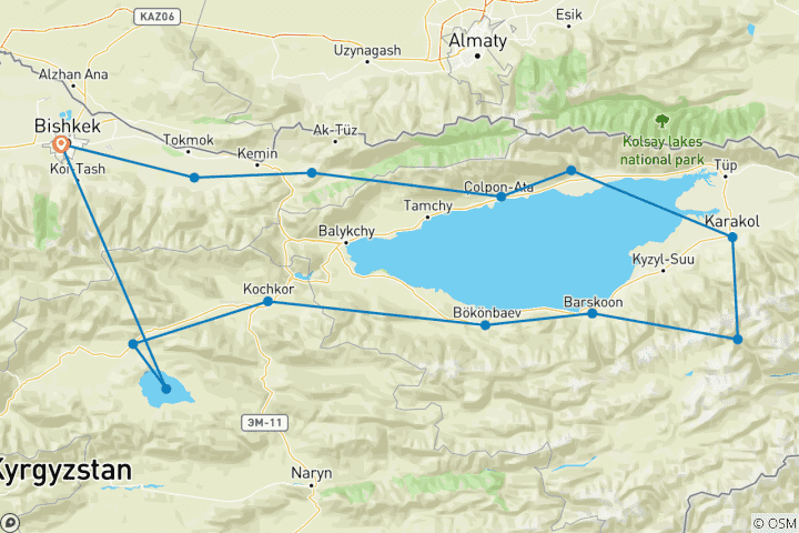 Map of 14-day Kyrgyzstan Trekking Group Tour