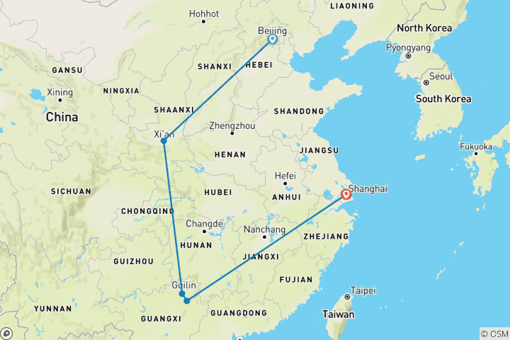 Mapa de China Clásica en 10 Días Pekín Xian Guilin Shanghái Viaje en grupo reducido (máx. 12)