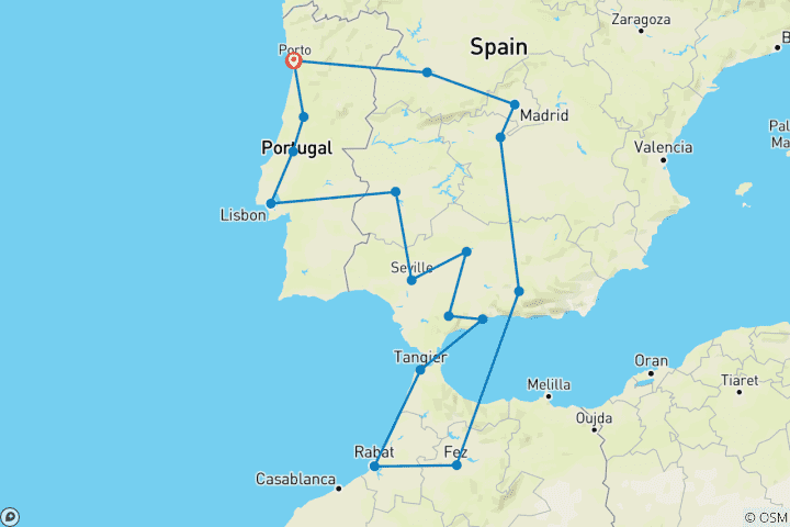 Carte du circuit 15 jours au Portugal, en Andalousie et au Maroc au départ de Porto