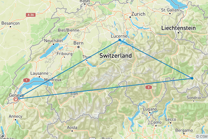 Mapa de Visitas Privadas Suiza - Itinerario Suizo de Lujo de 4 Días