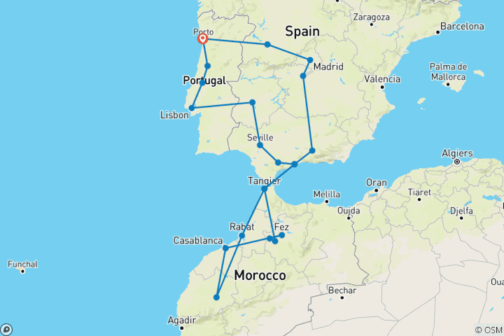 Carte du circuit 18 jours de Porto, Andalousie et Maroc au départ de Porto