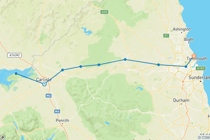 Kaart van Hadrian's Wall - van west naar oost - Carlisle naar Whitley Bay (10 dagen) (10 dagen)