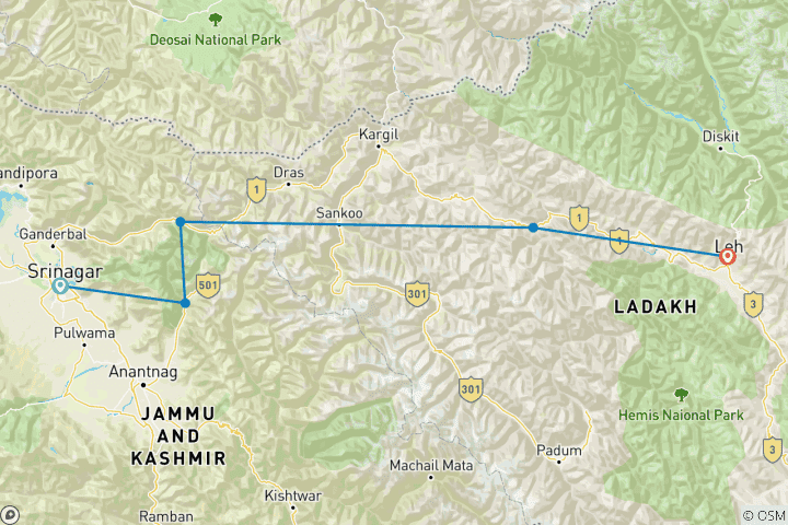 Mapa de De Cachemira a Ladakh: Casas flotantes y carreteras del Himalaya