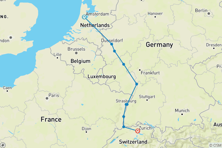 Mapa de Ámsterdam y Joyas del Rin 2026 - 10 Días (from Amsterdam to Zúrich)