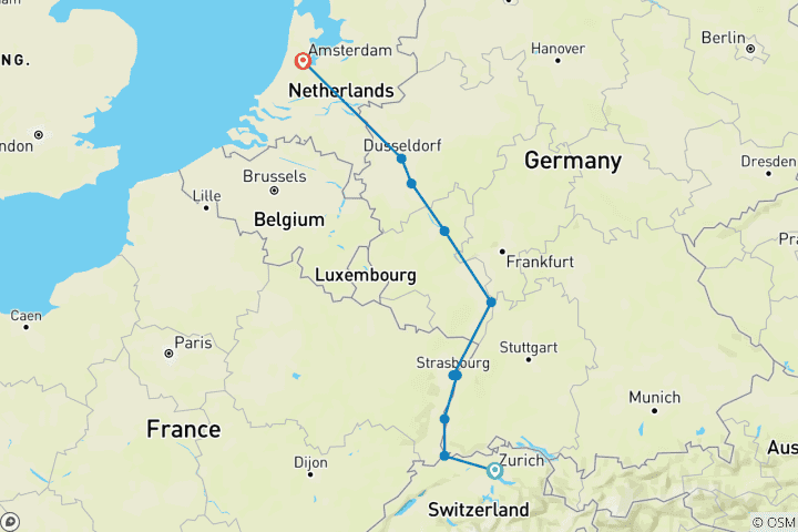 Kaart van Juwelen van de Rijn & Amsterdam 2026|2027 - 10 Dagen (van Zurich naar Amsterdam)