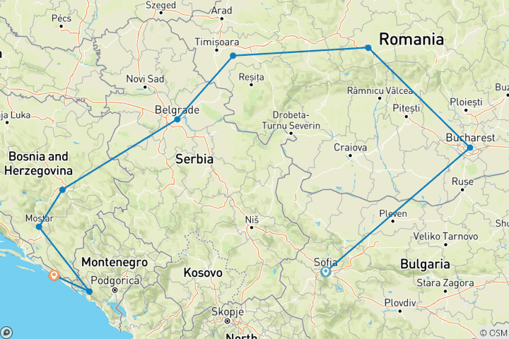 Map of Sofia to Dubrovnik via Transylvania & Mostar Small Group Tour