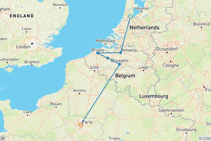 Map of European Capitals Escape: Amsterdam, Bruges, Brussels & Paris – 9 Days