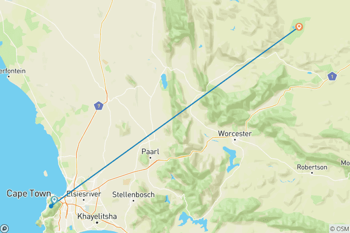 Carte du circuit Jour 3,Le Cap Afrique du Sud Visite des pingouins du Cap ; visite de la montagne de la Table en téléphérique Fin du Cap Visite de la réserve de gibier d'Inverdoorn