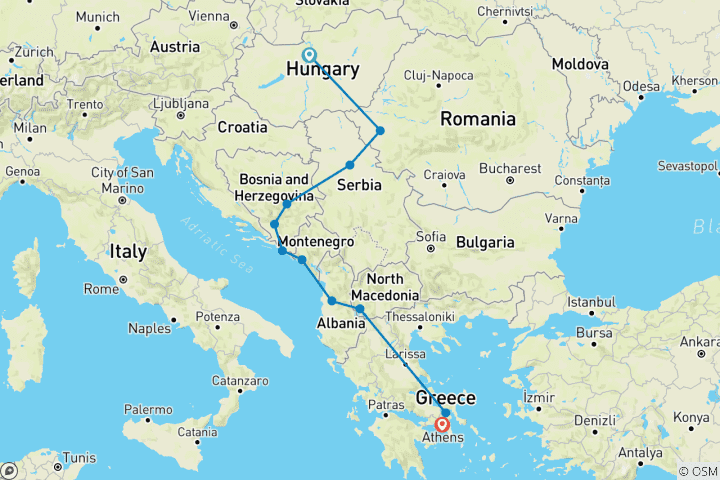 Carte du circuit Circuit en petit groupe de Budapest à Athènes via Dubrovnik