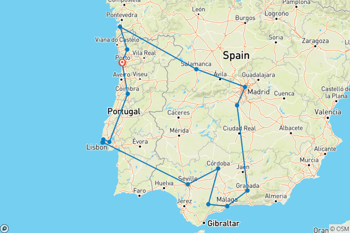 Kaart van Andalusië Ontdekkingsreis Vanuit Porto - 12 dagen