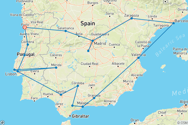 Carte du circuit De Porto à la Costa del Sol et Barcelone - 15 jours