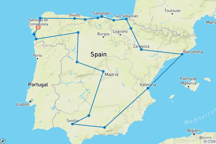 Kaart van Hoogtepunten van Spanje vanuit Santiago - 14 dagen