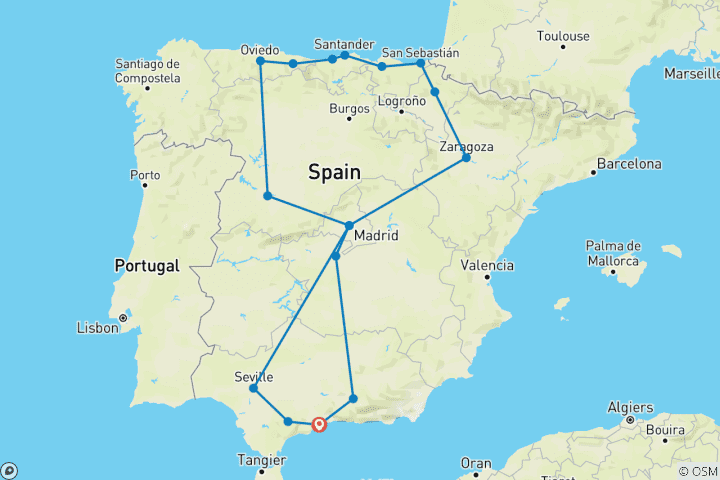 Kaart van Spanje van zuid naar noord - 9 dagen