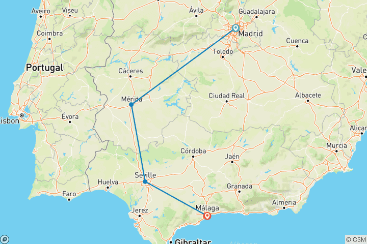 Kaart van Madrid & Merida naar Costa del Sol - 3 dagen
