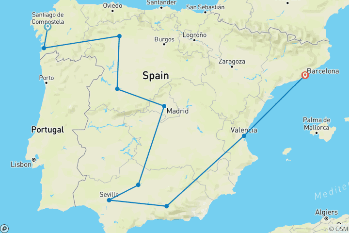 Kaart van Santiago naar Andalusië & Barcelona - 11 dagen