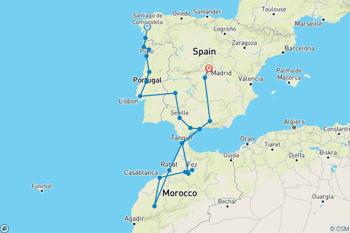 Carte du circuit Santiago vers le Portugal, le Maroc et Madrid - 19 jours