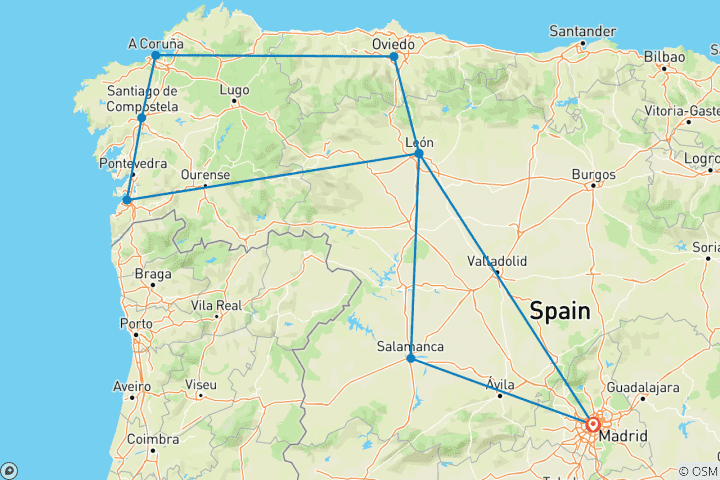 Karte von Madrid, Santiago & Leon - 6 Tage