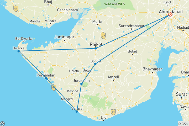 Kaart van Goddelijk Gujarat Circuit: Ahmedabad - Somnath - Dwarka - Rajkot