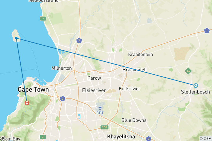Kaart van 3D-daagse privétour door Kaapstad - Stellenbosch Winelands Hele dag;Robbeneiland en Tafelberg National Park