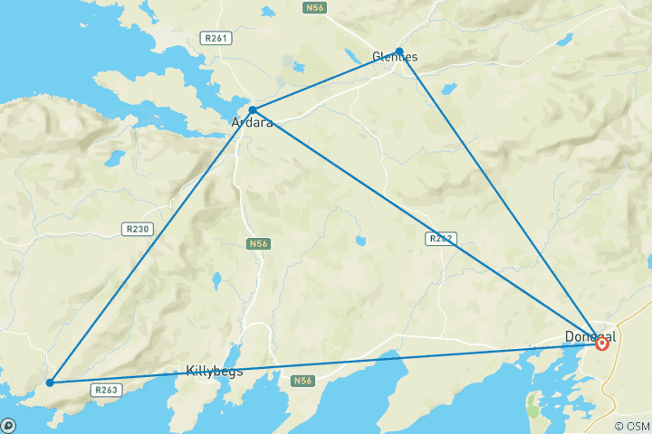 Kaart van 8-daagse wandelvakantie met eigen gids in Donegal (8 dagen)