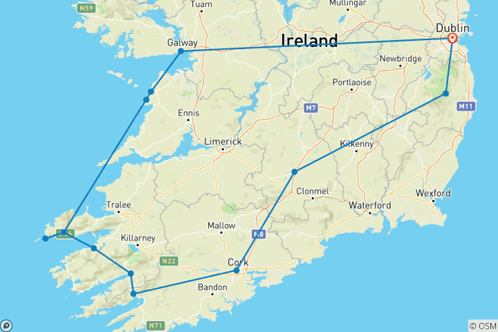 Carte du circuit Aventure autotour et randonnée de 10 jours dans le sud de l'Irlande (10 jours)