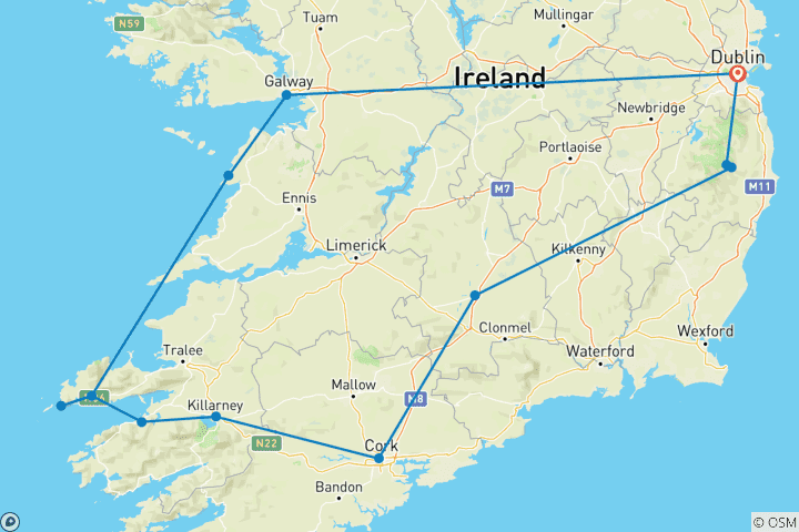Map of 8-day self-drive and hiking adventure in Southern Ireland (8 days)
