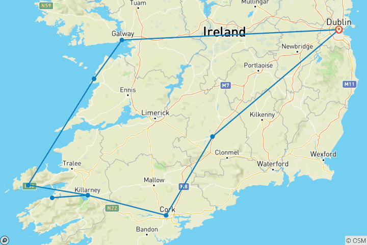 Carte du circuit Aventure autoguidée de 8 jours dans le sud de l'Irlande (8 jours)