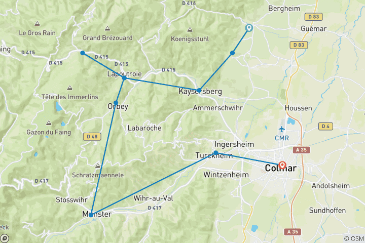 Kaart van Wandelen in de Elzas: wijnpaden, bergpaden en geschiedenis (8 dagen)