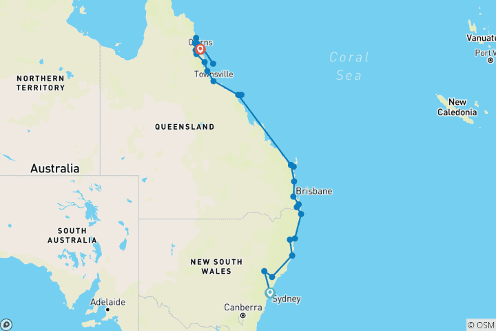 Mapa de Aventura en la costa este de Australia (29 destinations)