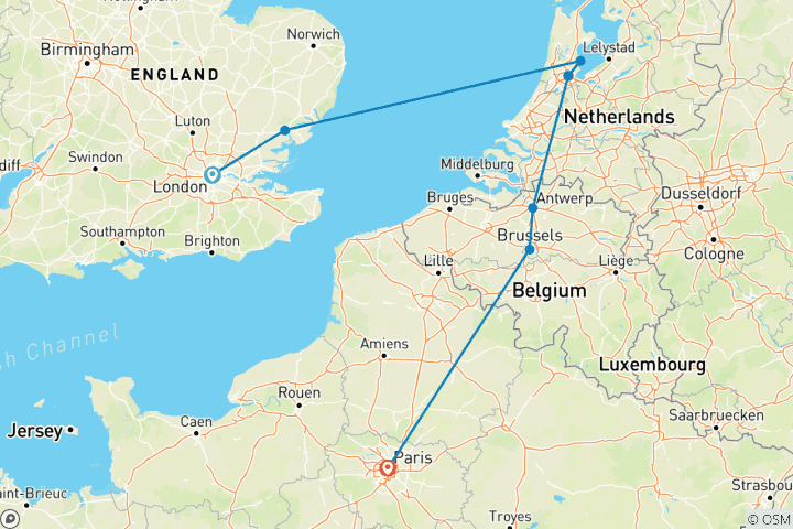 Map of London, Amsterdam and Paris