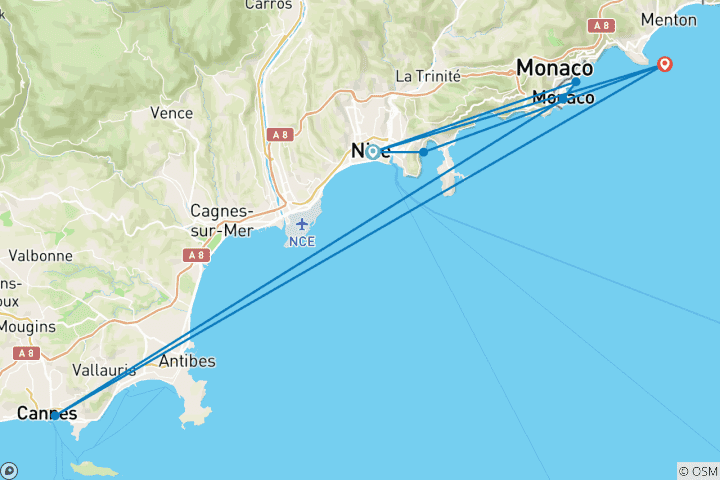Kaart van Hoogtepunten van de Côte d'Azur: Nice, Cannes & Monaco