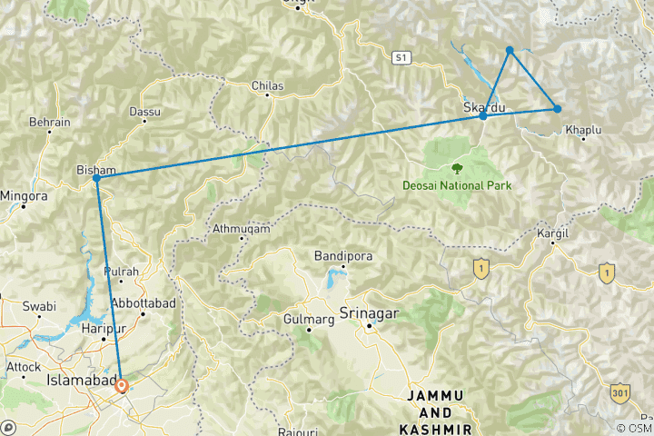 Kaart van 19 Dagen K2 BC & CONCORDIA ALONG BALTORO TREK PAKISTAN