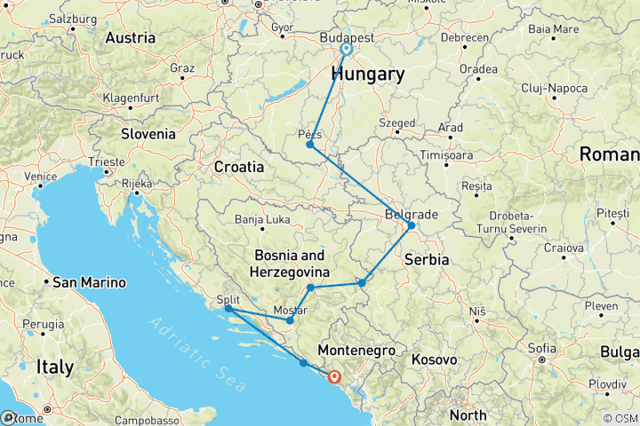 Kaart van Indringend avontuur in de Balkan: Van Boedapest tot Kotor