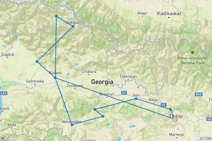 Kaart van Georgië 9 Dagen Autoroute: Cultuur, kastelen & bergavonturen